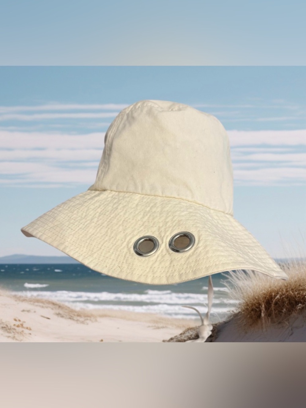 UGG Australia 🦘Cream Cotton Bucket Hat Vent Eyelets Chin Strap ☀️